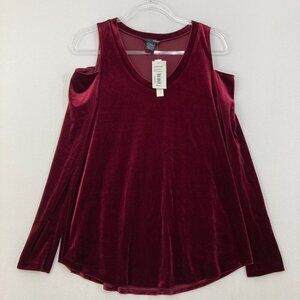 New Aqua Large Burgundy Velvet Cold Shoulder Stretch Long Sleeve Romantic Blouse